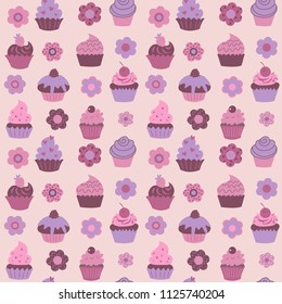 Cute seamless pattern with a cupcakes and flowers and fruits