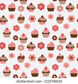 Cute seamless pattern with a cupcakes and flowers