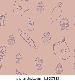 Cute seamless pattern with cupcakes, rolling pin, whisk, oven gloves. Cute pattern for kitchen, design and web design.