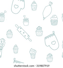 Cute seamless pattern with cupcakes, rolling pin, whisk, oven gloves. Cute pattern for kitchen, design and web design.