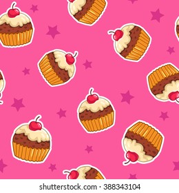 Cute seamless pattern with cupcakes and stars on pink background, childish vector texture