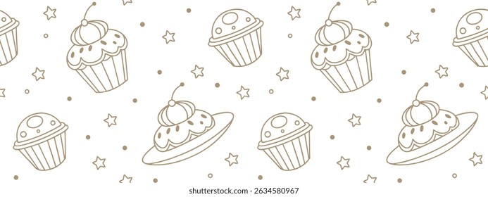 Cute seamless pattern with cupcakes and UFO desserts surrounded by stars. Ideal for playful bakery packaging, sweet shop branding, or kids’ party . Light brown line art design.