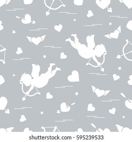 Cute seamless pattern with cupid shoots a bow and hearts. Love symbol. Design for banner, poster or print. 