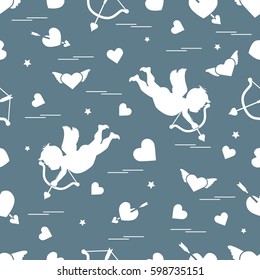 Cute seamless pattern with cupid shoots a bow and hearts. Love symbol. Design for banner, poster or print. 