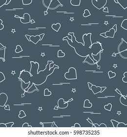 Cute seamless pattern with cupid shoots a bow and hearts. Love symbol. Design for banner, poster or print. 