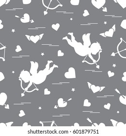 Cute seamless pattern with cupid shoots a bow and hearts. Love symbol. Design for banner, poster or print. 