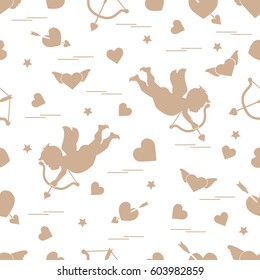 Cute seamless pattern with cupid shoots a bow and hearts. Love symbol. Design for banner, poster or print. 