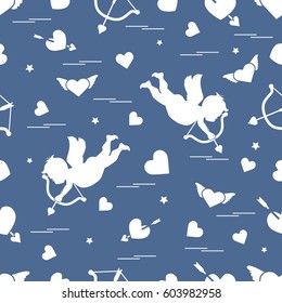 Cute seamless pattern with cupid shoots a bow and hearts. Love symbol. Design for banner, poster or print. 