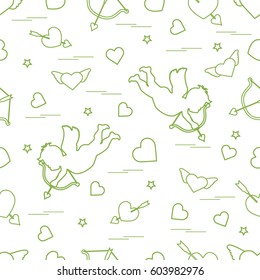 Cute seamless pattern with cupid shoots a bow and hearts. Love symbol. Design for banner, poster or print. 