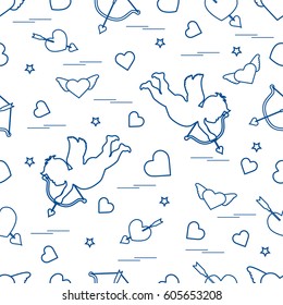 Cute seamless pattern with cupid shoots a bow and hearts. Love symbol. Design for banner, poster or print. 