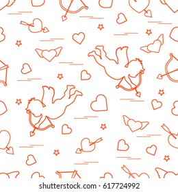 Cute seamless pattern with cupid shoots a bow and hearts. Love symbol. Design for banner, poster or print. 