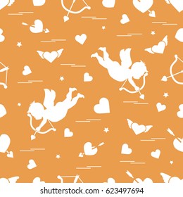 Cute seamless pattern with cupid shoots a bow and hearts. Love symbol. Design for banner, poster or print. 