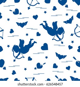 Cute seamless pattern with cupid shoots a bow and hearts. Love symbol. Design for banner, poster or print. 