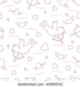 Cute seamless pattern with cupid shoots a bow and hearts. Love symbol. Design for banner, poster or print. 
