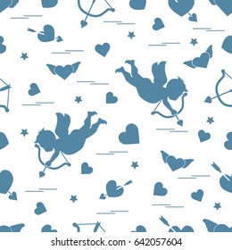 Cute seamless pattern with cupid shoots a bow and hearts. Love symbol. Design for banner, poster or print. 