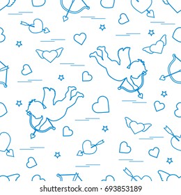 Cute seamless pattern with cupid shoots a bow and hearts. Love symbol. Design for banner, poster or print. 