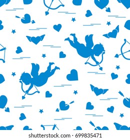 Cute seamless pattern with cupid shoots a bow and hearts. Love symbol. Design for banner, poster or print. 