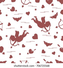 Cute seamless pattern with cupid shoots a bow and hearts. Love symbol. Design for banner, poster or print. 