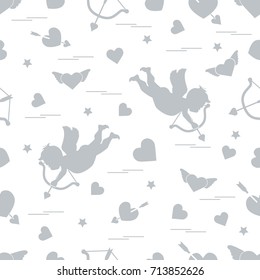 Cute seamless pattern with cupid shoots a bow and hearts. Love symbol. Design for banner, poster or print. 