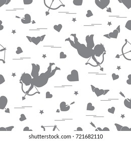 Cute seamless pattern with cupid shoots a bow and hearts. Love symbol. Design for banner, poster or print. 