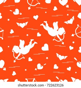 Cute seamless pattern with cupid shoots a bow and hearts. Love symbol. Design for banner, poster or print. 