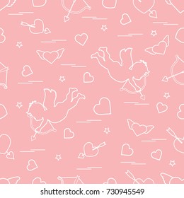 Cute seamless pattern with cupid shoots a bow and hearts. Love symbol. Design for banner, poster or print. 