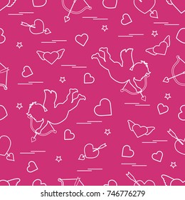 Cute seamless pattern with cupid shoots a bow and hearts. Love symbol. Design for banner, poster or print. 