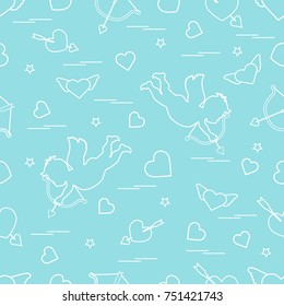 Cute seamless pattern with cupid shoots a bow and hearts. Love symbol. Design for banner, poster or print. 