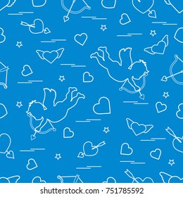 Cute seamless pattern with cupid shoots a bow and hearts. Love symbol. Design for banner, poster or print. 