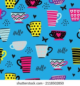 Cute seamless pattern with cups. Hand drawn bright kids background for textile, kids tees, wrapping paper and more