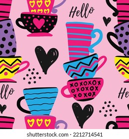 Cute seamless pattern with cups. Hand drawn bright kids background for textile, kids tees, wrapping paper and more