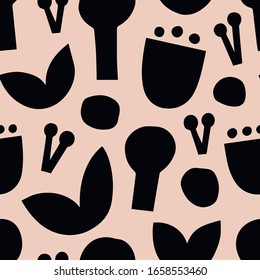 Cute seamless pattern with Cut Out simple floral shapes. Vector artistic texture in Folk art style. Monochrome abstract background.