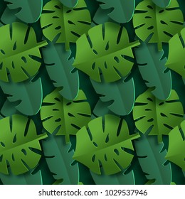 Cute Seamless Pattern Cut Paper Craft. Tropical Fashion 3d Illustration. Nature Leaf Bacground.