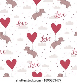 Cute seamless pattern with dachshund and balloon for Valentines day.