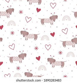 Cute seamless pattern with dachshund and hearts for Valentines day.