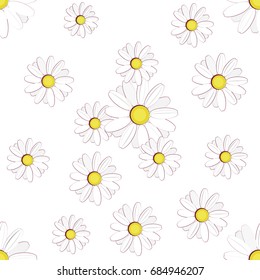 Cute seamless pattern with daisy flowers on the white background. Vector