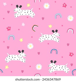 Cute seamless pattern with dalmatian and flowers. Vector hand drawn illustration.