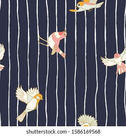 Cute Seamless pattern in dark blue, with jagged pencil stripes and with small tropical birds on top. Flying birds, flap their wings, sit on a line.