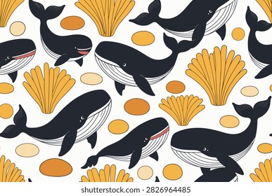 Cute seamless pattern of dark blue whales swimming among orange corals and seaweed on a white background.