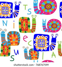 Cute seamless pattern with a decorative cartoon snails