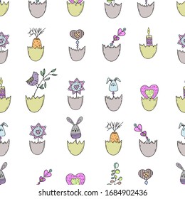 Cute Seamless pattern of decorative elements for the Easter holiday. Drawing a vector manually. Suitable for Easter cards, posters, things, clothes.