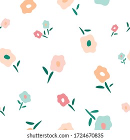 Patrón impecable con flores decorativas en tonos pastel. Impresión en tela para niños, papel de embalaje de flores. Elegante y delicado fondo floral para el trabajo de agujas. Ilustración vectorial.
