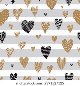 Cute seamless pattern with decorative hearts and stripes. Can be used in textile industry, paper, background, scrapbooking.