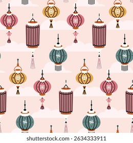 Cute seamless pattern with decorative paper lanterns. Pretty wallpaper, textile design with festive lanterns flying in the sky. Simple ornament in delicate pastel colors. Vector illustration.