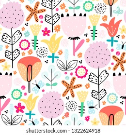Cute seamless pattern with decorative plants and flowers in doodle style. Perfect for kids fabric, textile, nursery wallpaper. Scandinavian style. - Vector