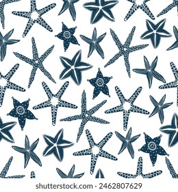 Lindo patrón sin costuras con estrellas de mar decorativas. Se puede utilizar en la industria textil, papel, fondo, scrapbooking.