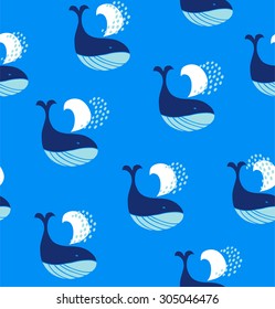 Cute seamless pattern with decorative whales. Vector marine background