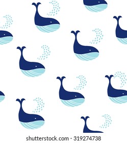 Cute seamless pattern with decorative whales. Vector decorative marine background