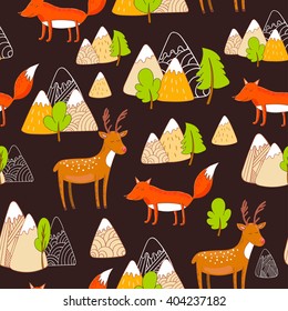 Cute seamless pattern with deer, foxes, trees and mountains. Vector illustration.