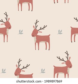 Cute seamless pattern with deer  Hand drawn vector illustration.